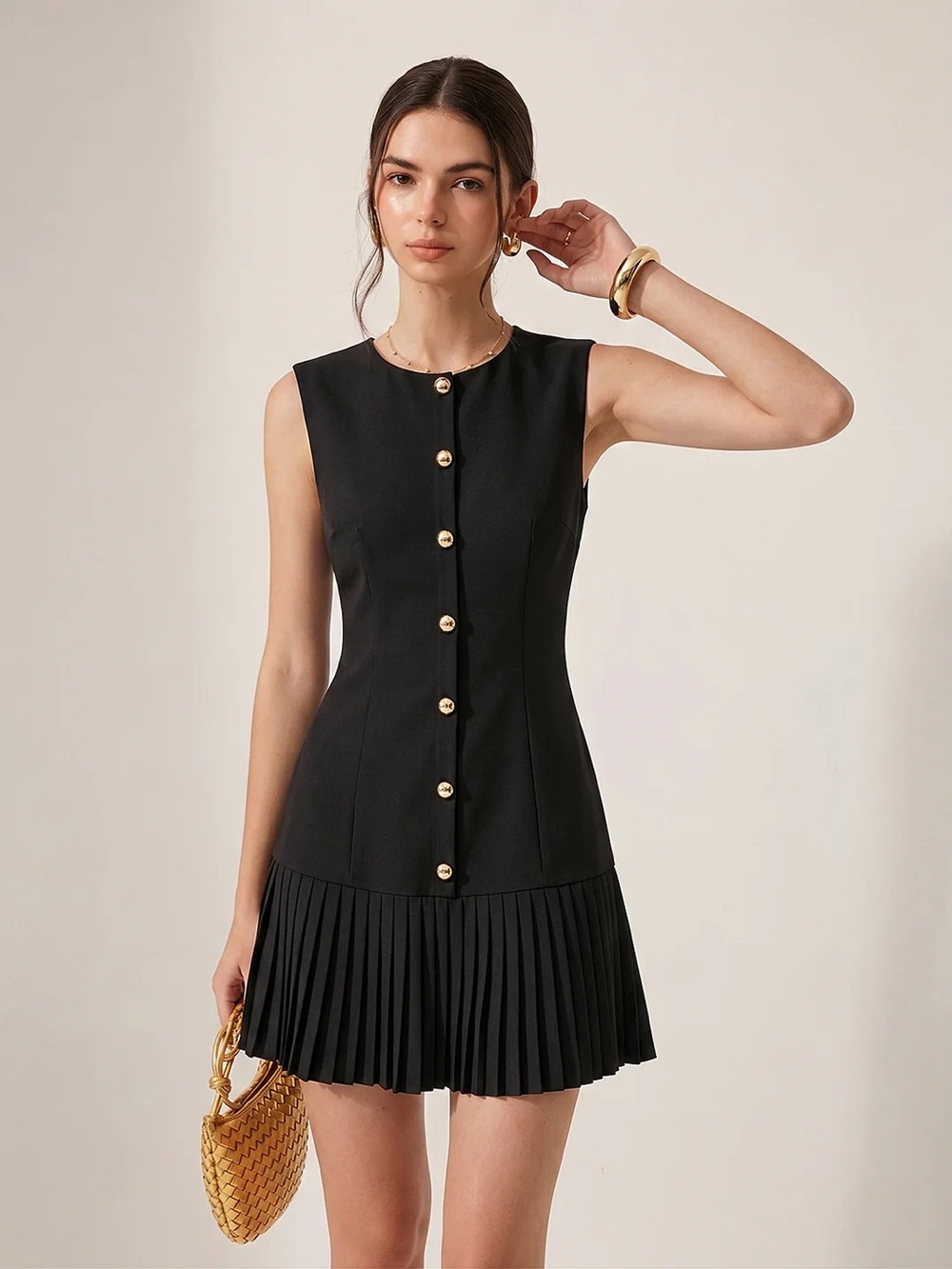 Commense Metal Detail Sleeveless Slim Fit Pleated Mini Dress NWT